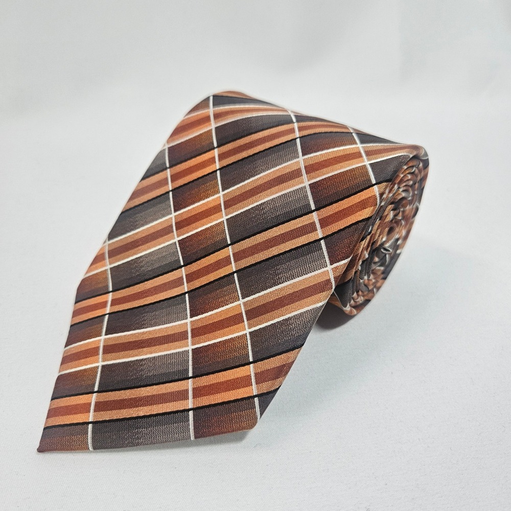 Crazy Horse‎ Plaid Silk Necktie Men's Brown Orange White Business Formal